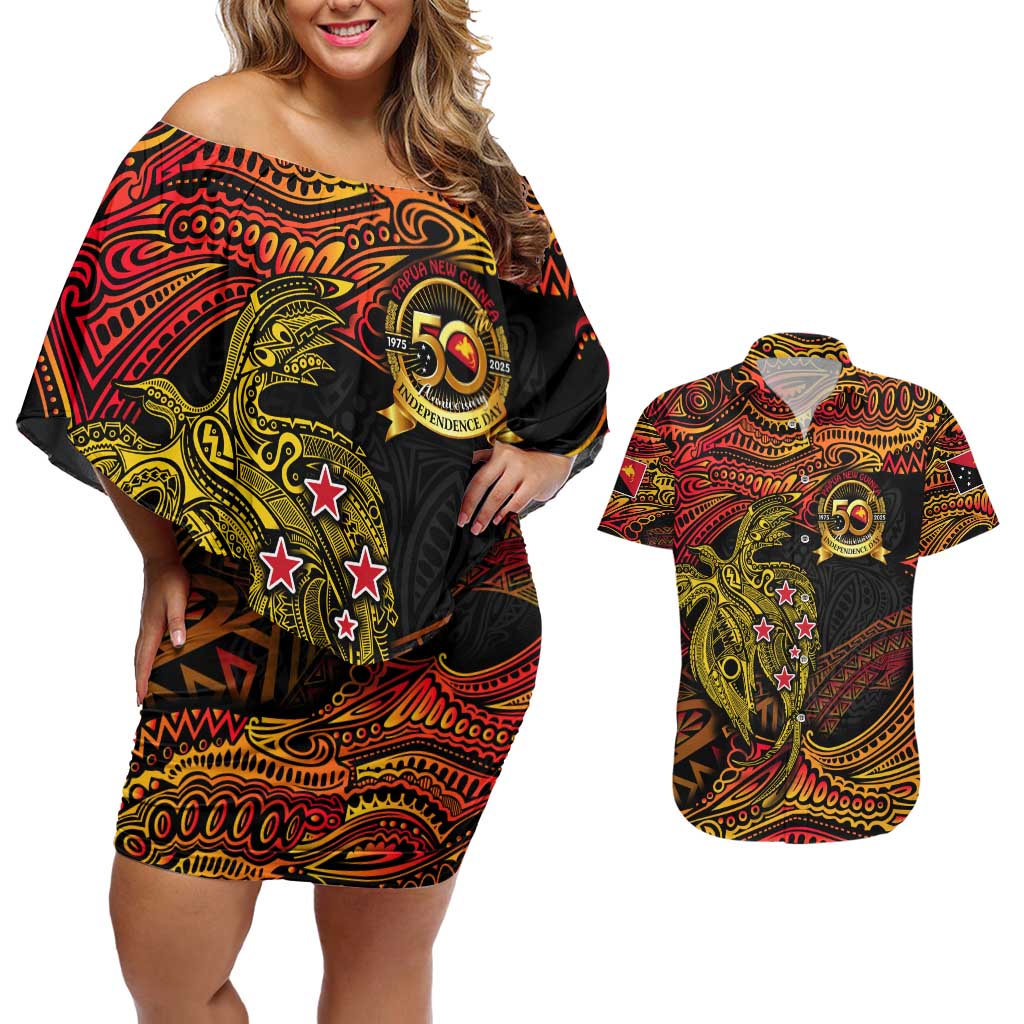 Papua New Guinea 50th Independence Day Couples Matching Off Shoulder Short Dress and Hawaiian Shirt Culture Spirit and Sovereignty DT02 Art - Polynesian Pride
