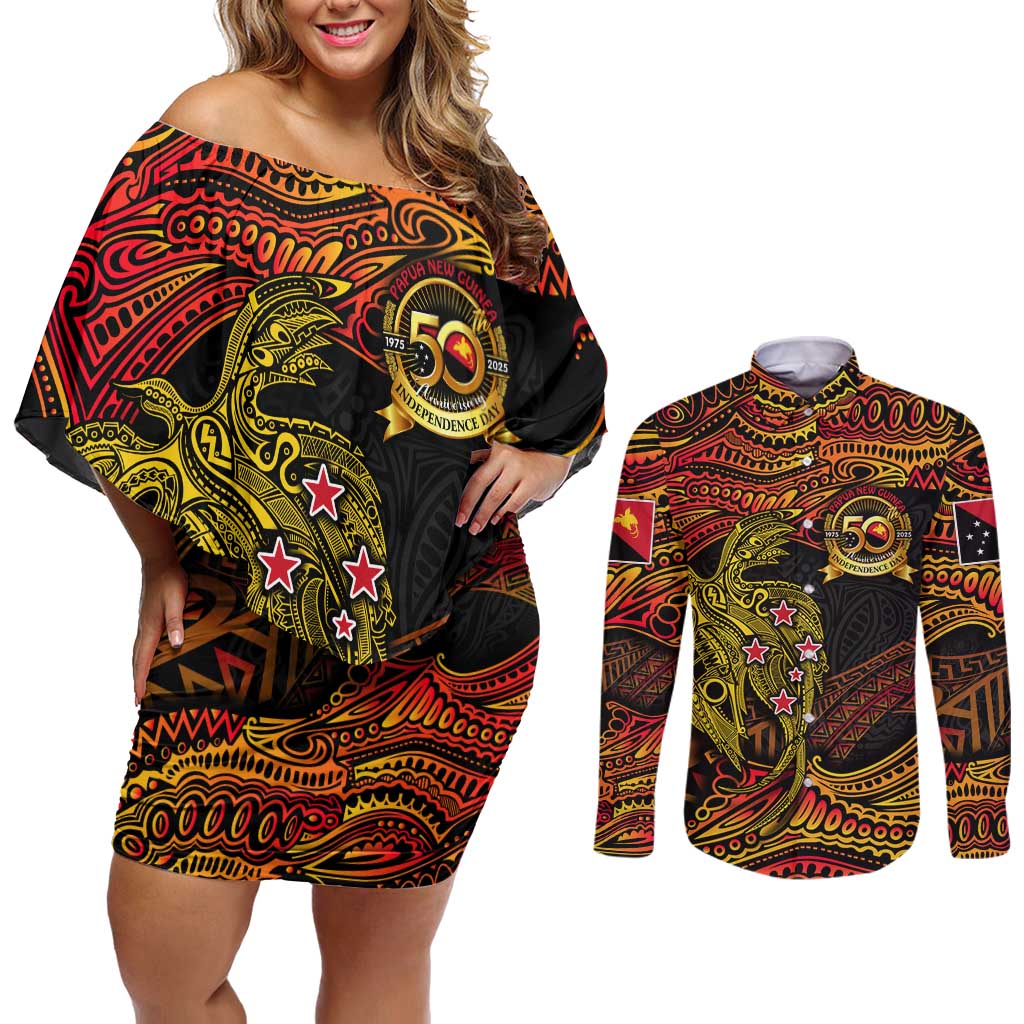 Papua New Guinea 50th Independence Day Couples Matching Off Shoulder Short Dress and Long Sleeve Button Shirt Culture Spirit and Sovereignty DT02 Art - Polynesian Pride