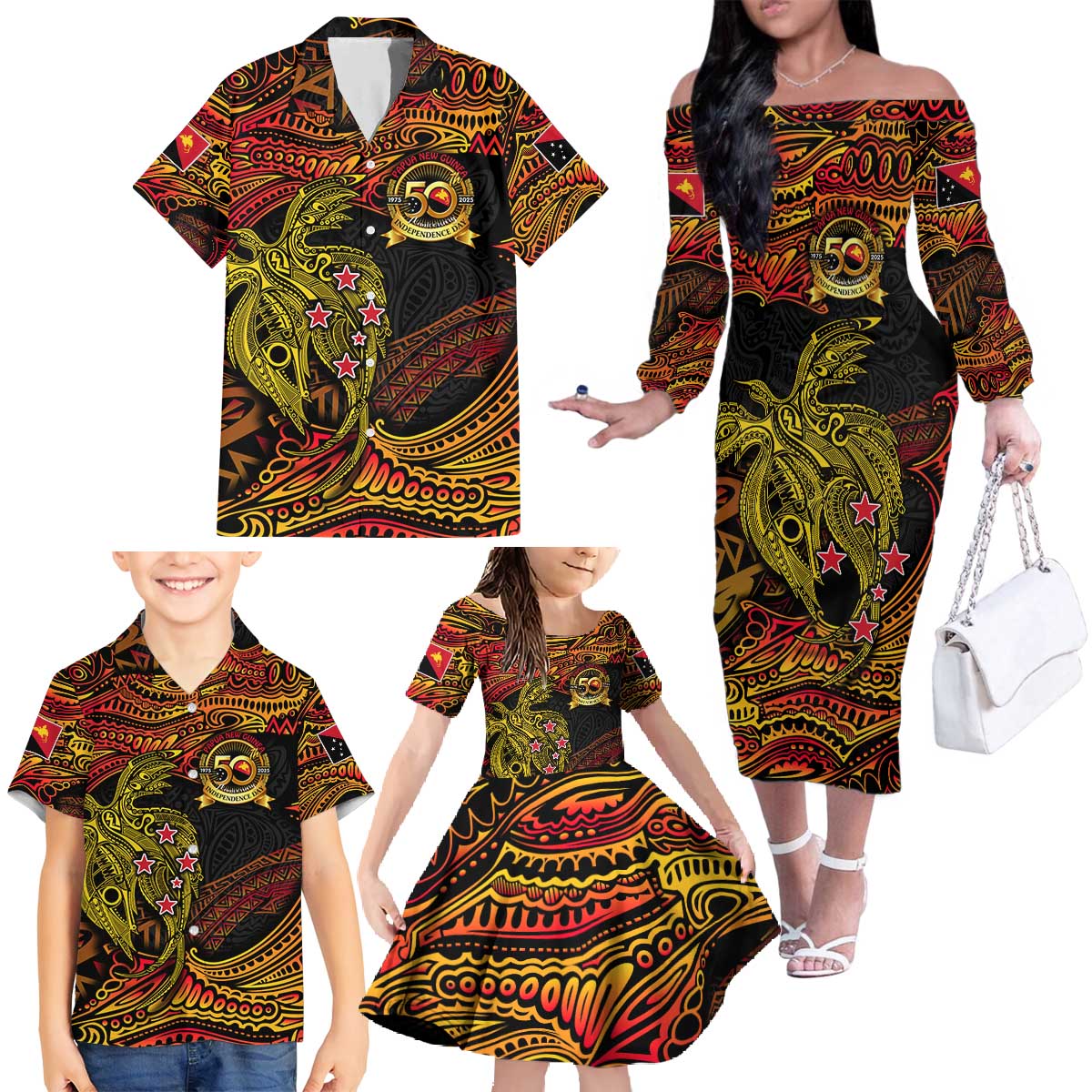 Papua New Guinea 50th Independence Day Family Matching Off The Shoulder Long Sleeve Dress and Hawaiian Shirt Culture Spirit and Sovereignty DT02 - Polynesian Pride