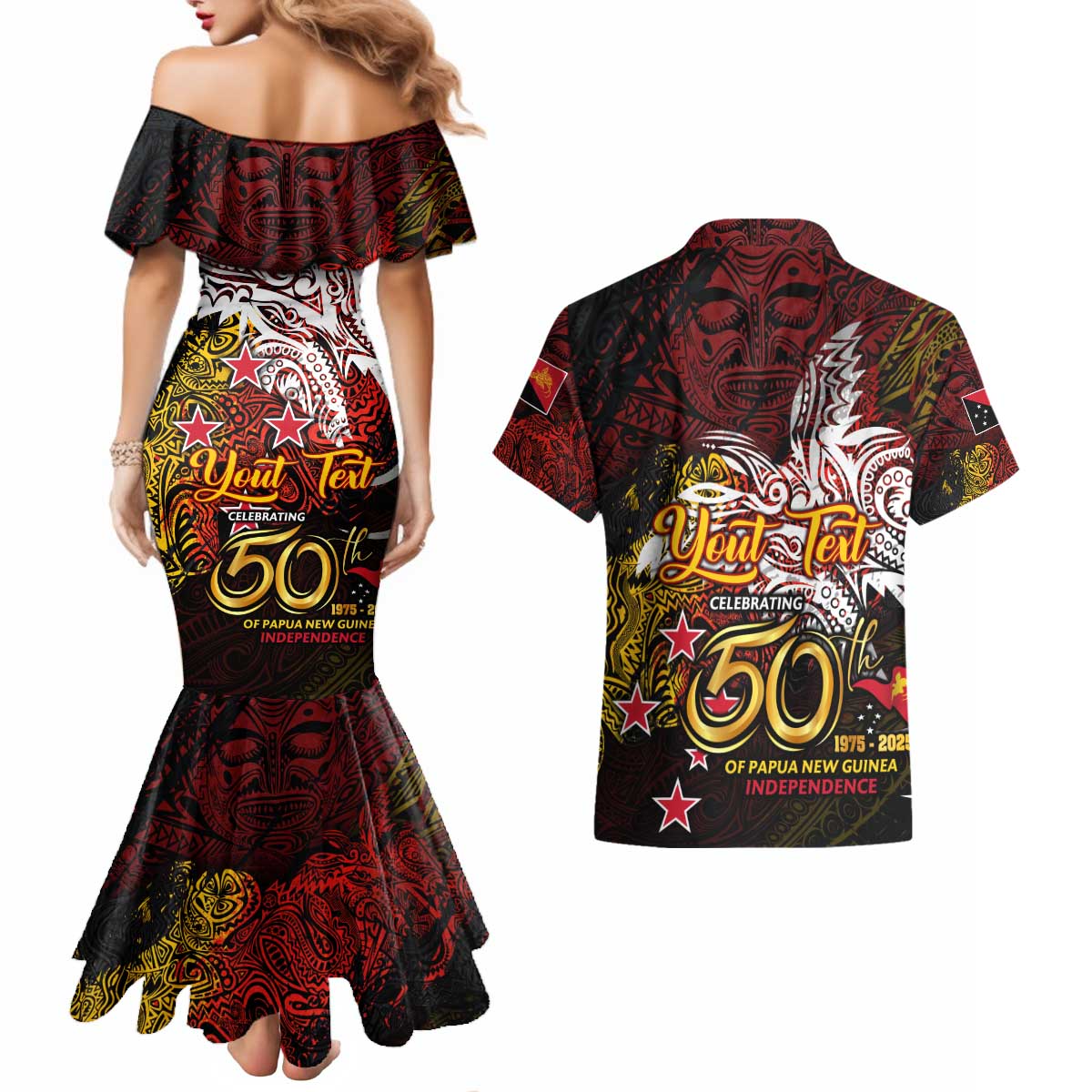 PNG 1975 - 2025 Couples Matching Mermaid Dress and Hawaiian Shirt Papua New Guinea 50th Independence Anniversary