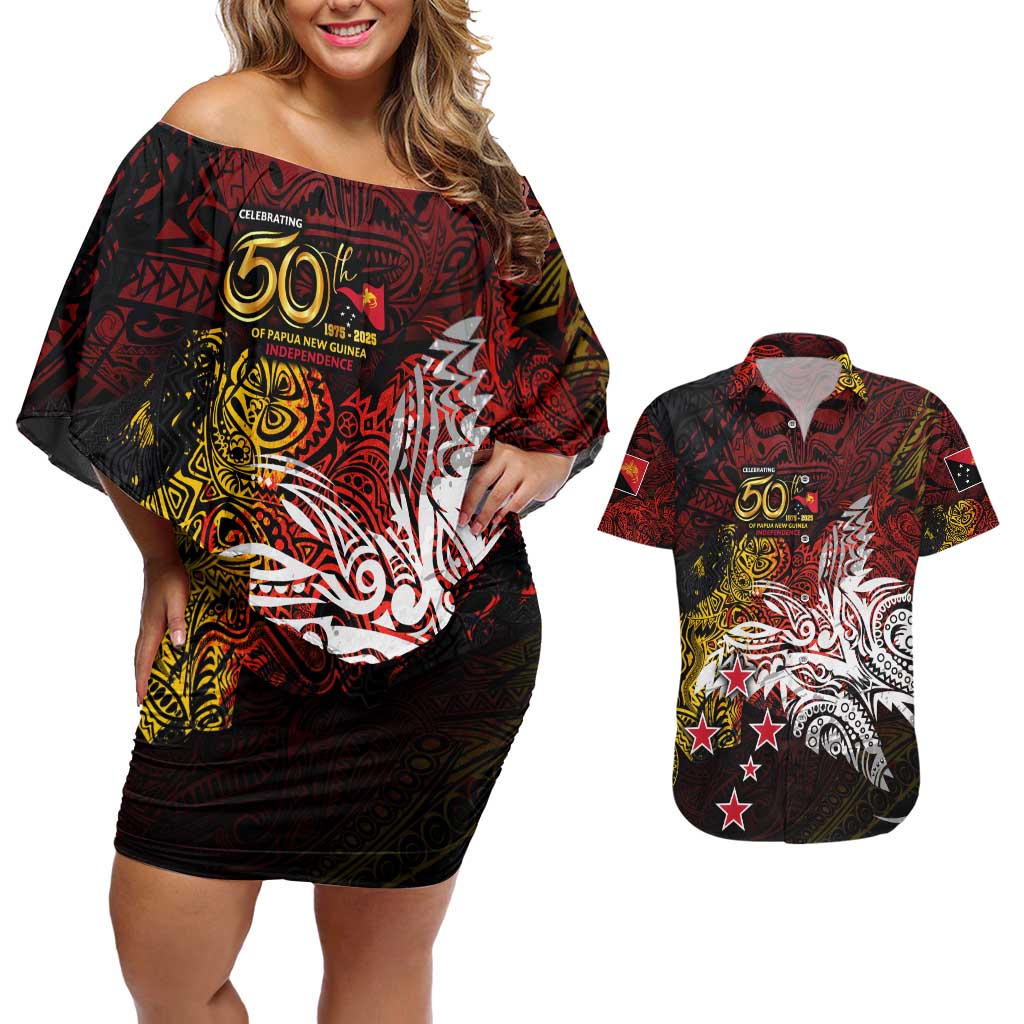 PNG 1975 - 2025 Couples Matching Off Shoulder Short Dress and Hawaiian Shirt Papua New Guinea 50th Independence Anniversary DT02 Art - Polynesian Pride
