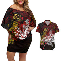 PNG 1975 - 2025 Couples Matching Off Shoulder Short Dress and Hawaiian Shirt Papua New Guinea 50th Independence Anniversary
