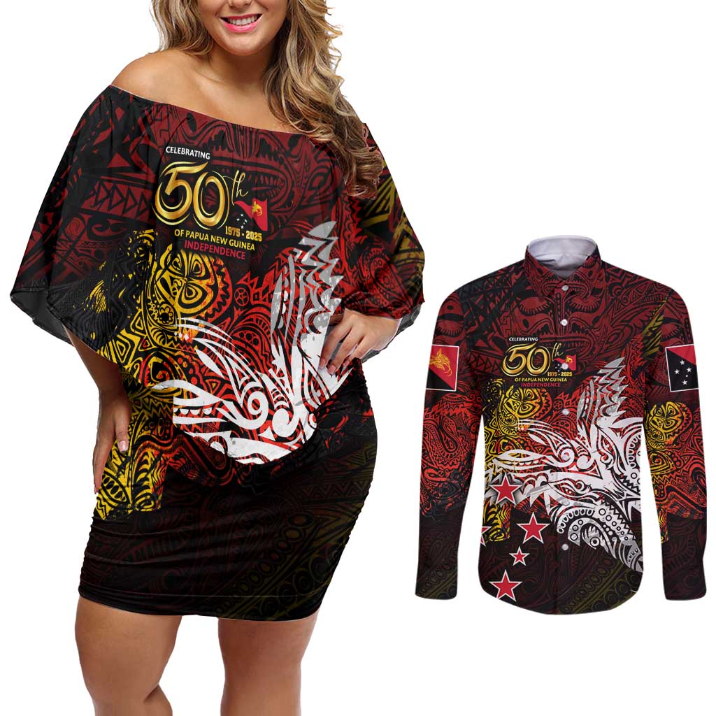 PNG 1975 - 2025 Couples Matching Off Shoulder Short Dress and Long Sleeve Button Shirt Papua New Guinea 50th Independence Anniversary DT02 Art - Polynesian Pride