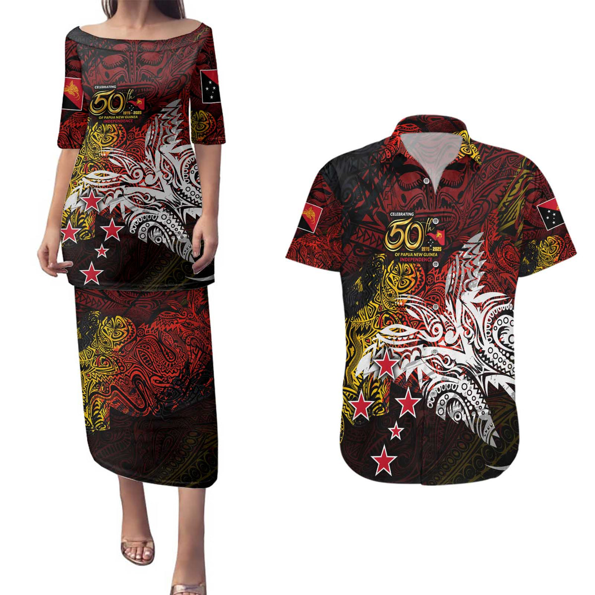 PNG 1975 - 2025 Couples Matching Puletasi and Hawaiian Shirt Papua New Guinea 50th Independence Anniversary