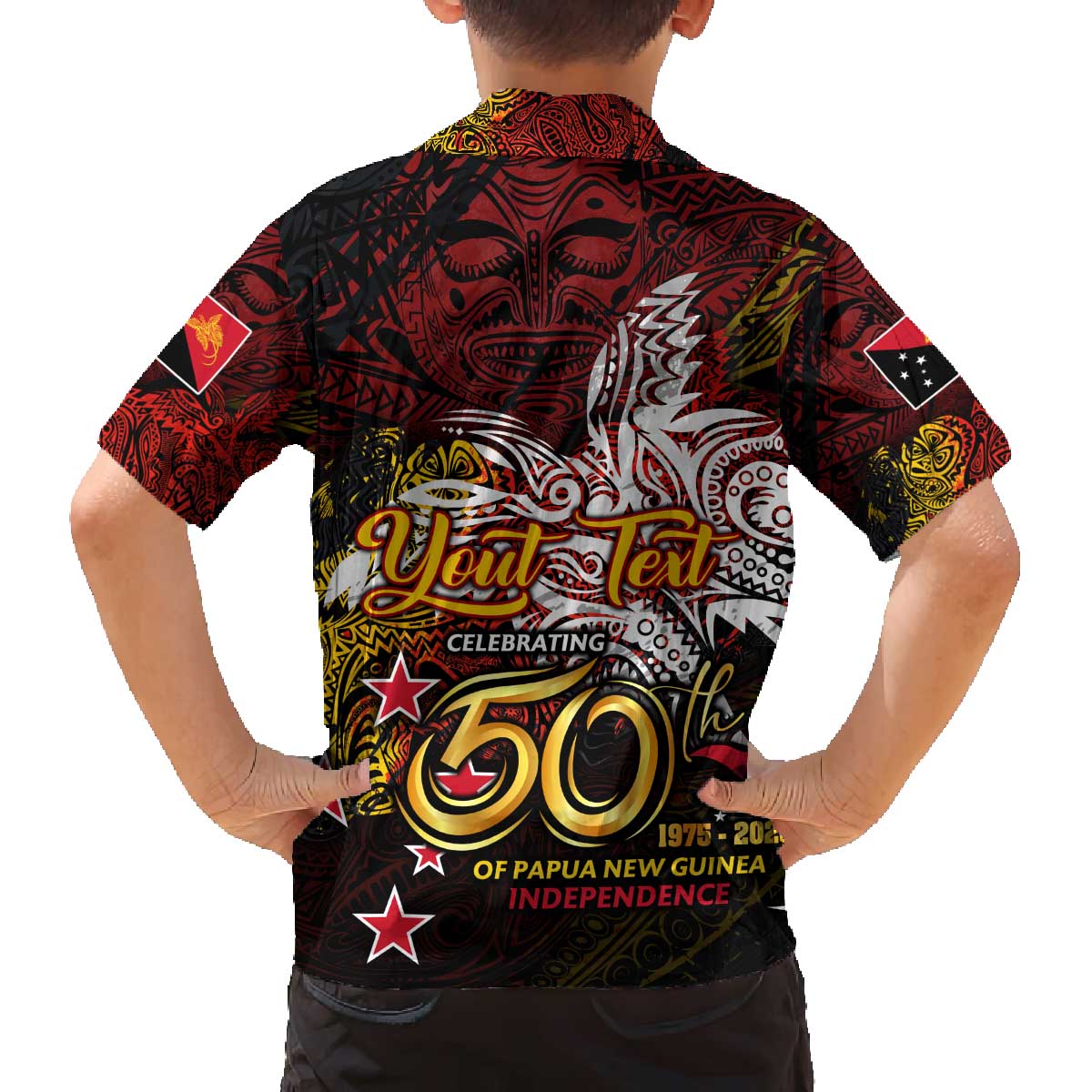 PNG 1975 - 2025 Family Matching Off The Shoulder Long Sleeve Dress and Hawaiian Shirt Papua New Guinea 50th Independence Anniversary