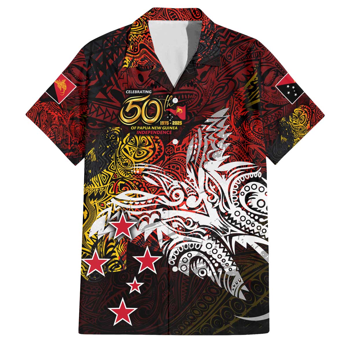 PNG 1975 - 2025 Family Matching Off The Shoulder Long Sleeve Dress and Hawaiian Shirt Papua New Guinea 50th Independence Anniversary