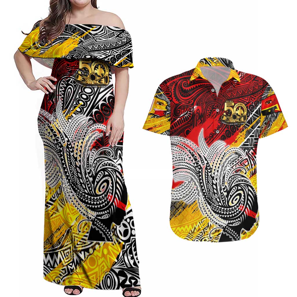 Papua New Guinea 50th Independence Day Couples Matching Off Shoulder Maxi Dress and Hawaiian Shirt Celebrate Our History, Inspire Our Future DT02 Art - Polynesian Pride