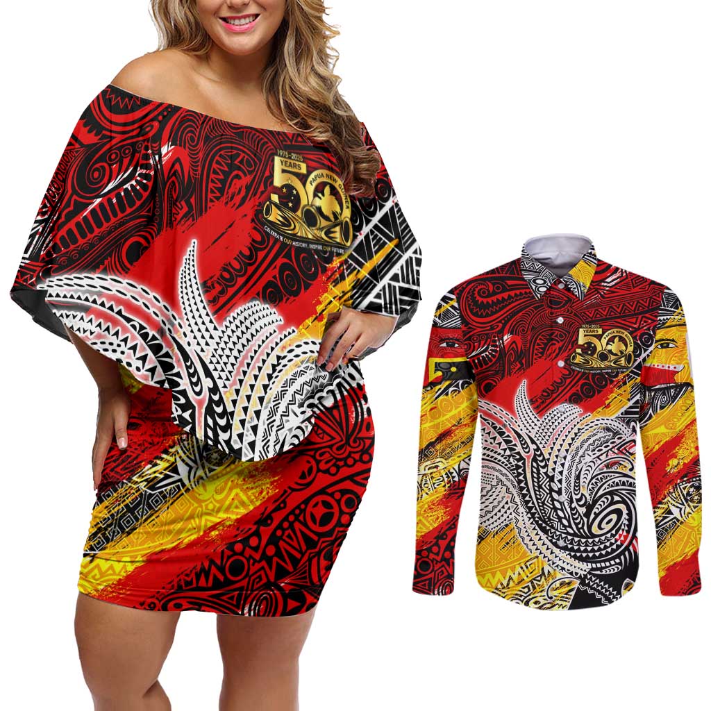 Papua New Guinea 50th Independence Day Couples Matching Off Shoulder Short Dress and Long Sleeve Button Shirt Celebrate Our History, Inspire Our Future DT02 Art - Polynesian Pride