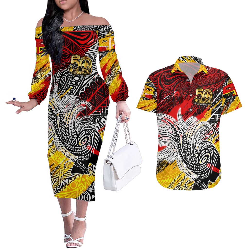 Papua New Guinea 50th Independence Day Couples Matching Off The Shoulder Long Sleeve Dress and Hawaiian Shirt Celebrate Our History, Inspire Our Future DT02 Art - Polynesian Pride