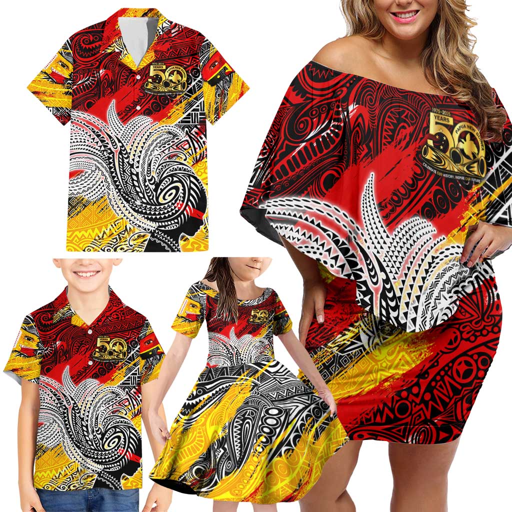 Papua New Guinea 50th Independence Day Family Matching Off Shoulder Short Dress and Hawaiian Shirt Celebrate Our History, Inspire Our Future DT02 - Polynesian Pride