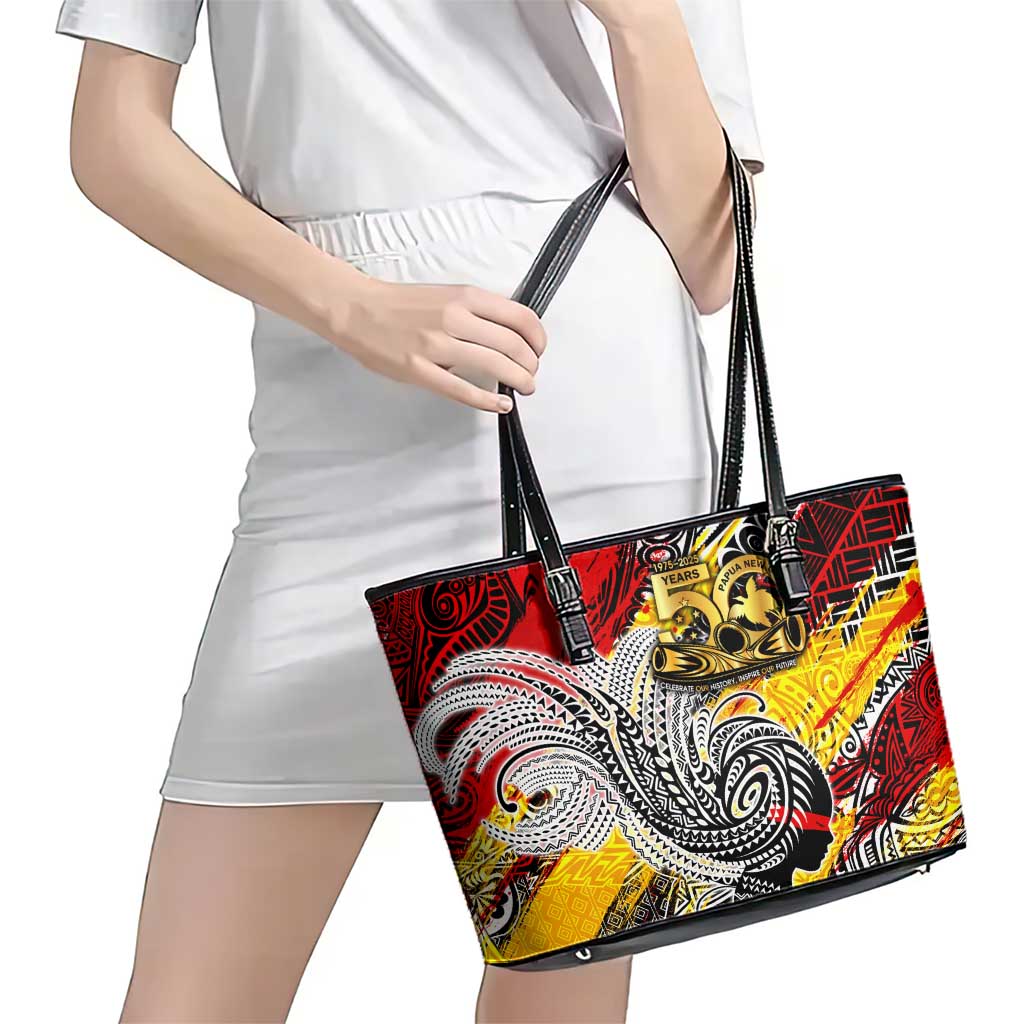 Papua New Guinea 50th Independence Day Leather Tote Bag Celebrate Our History, Inspire Our Future