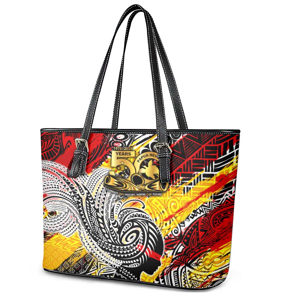 Papua New Guinea 50th Independence Day Leather Tote Bag Celebrate Our History, Inspire Our Future