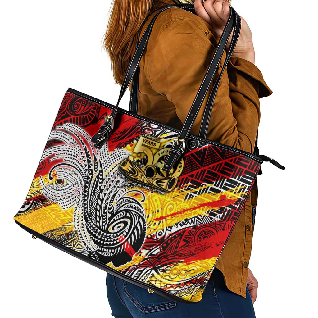 Papua New Guinea 50th Independence Day Leather Tote Bag Celebrate Our History, Inspire Our Future