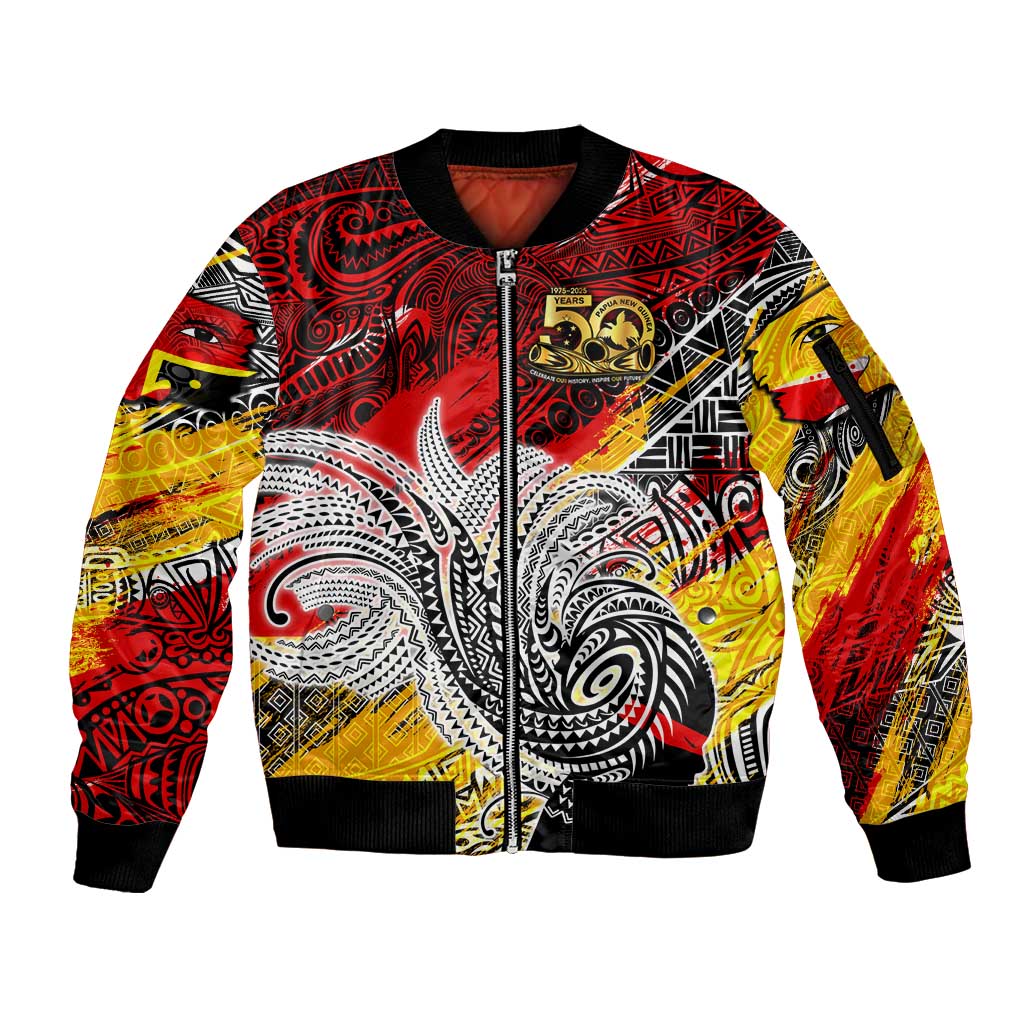 Papua New Guinea 50th Independence Day Sleeve Zip Bomber Jacket Celebrate Our History, Inspire Our Future