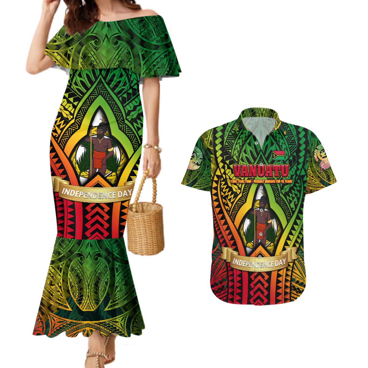 Vanuatu 45th Independence Anniversary Couples Matching Mermaid Dress and Hawaiian Shirt Embracing Our Traditions Shaping Our Future DT02 Art - Polynesian Pride