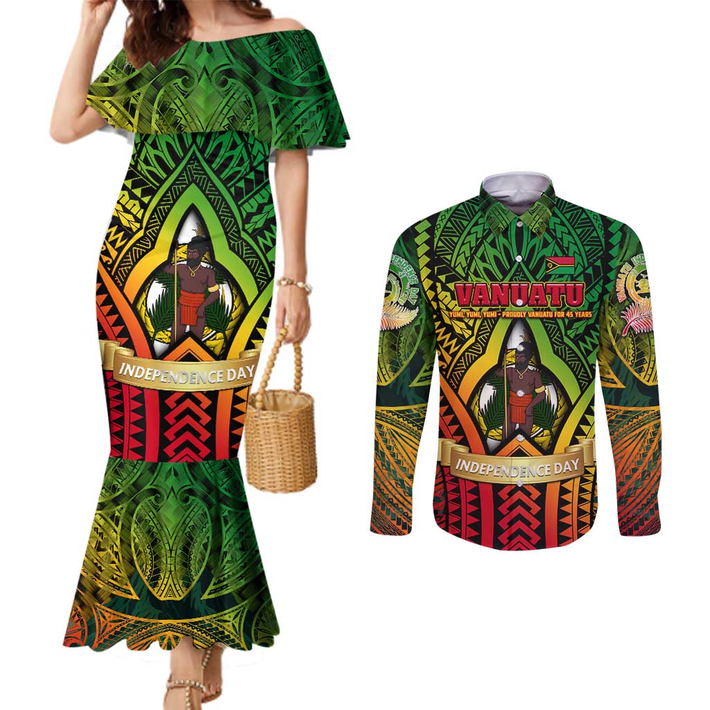 Vanuatu 45th Independence Anniversary Couples Matching Mermaid Dress and Long Sleeve Button Shirt Embracing Our Traditions Shaping Our Future DT02 Art - Polynesian Pride