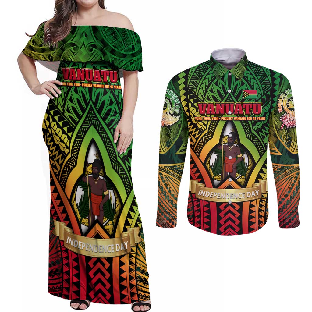 Vanuatu 45th Independence Anniversary Couples Matching Off Shoulder Maxi Dress and Long Sleeve Button Shirt Embracing Our Traditions Shaping Our Future DT02 Art - Polynesian Pride