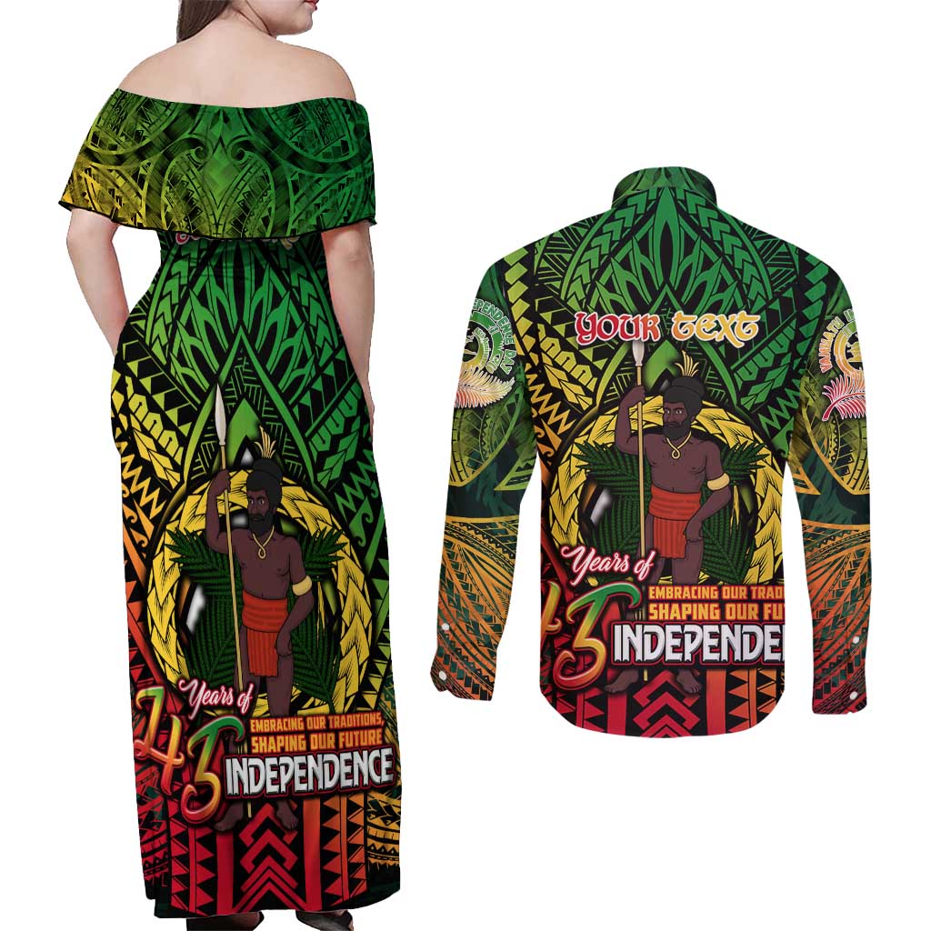 Vanuatu 45th Independence Anniversary Couples Matching Off Shoulder Maxi Dress and Long Sleeve Button Shirt Embracing Our Traditions Shaping Our Future DT02 - Polynesian Pride