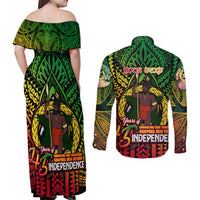 Vanuatu 45th Independence Anniversary Couples Matching Off Shoulder Maxi Dress and Long Sleeve Button Shirt Embracing Our Traditions Shaping Our Future DT02 - Polynesian Pride