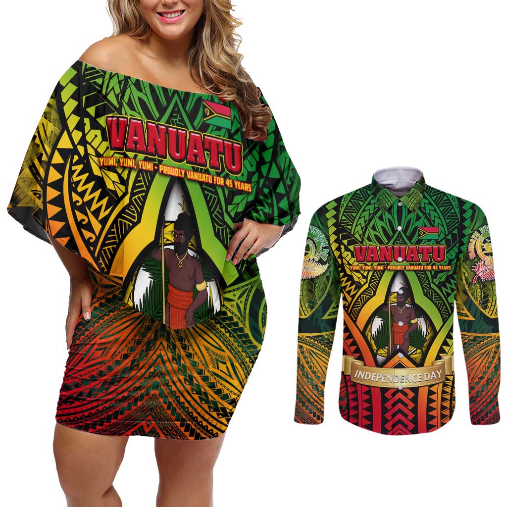 Vanuatu 45th Independence Anniversary Couples Matching Off Shoulder Short Dress and Long Sleeve Button Shirt Embracing Our Traditions Shaping Our Future DT02 Art - Polynesian Pride