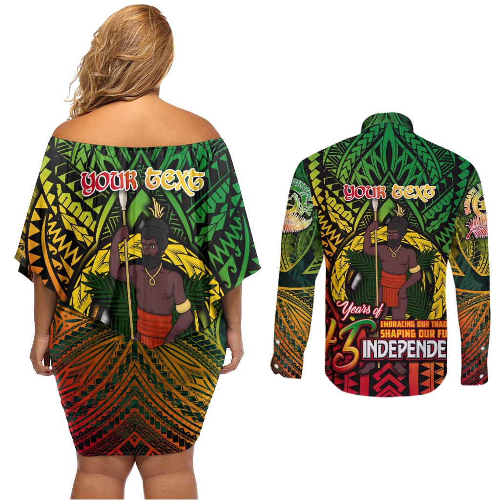 Vanuatu 45th Independence Anniversary Couples Matching Off Shoulder Short Dress and Long Sleeve Button Shirt Embracing Our Traditions Shaping Our Future DT02 - Polynesian Pride