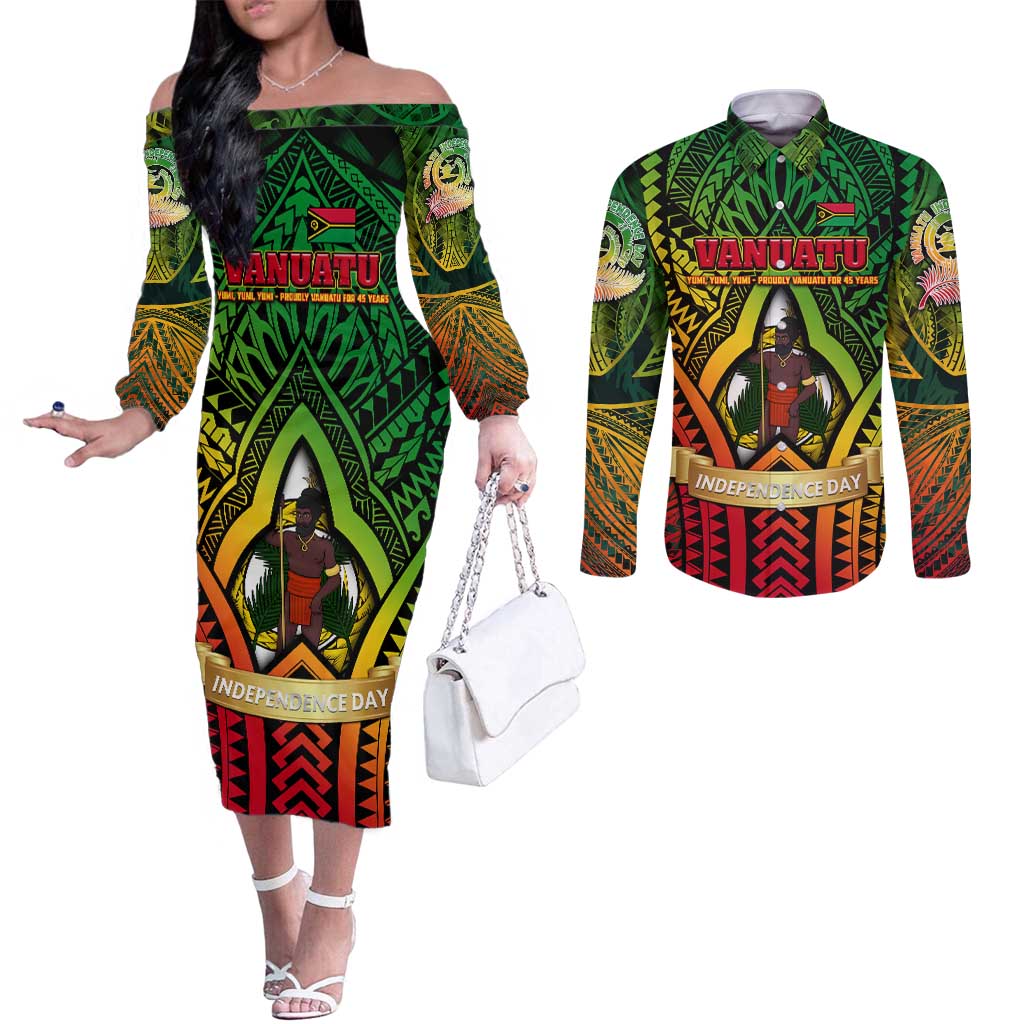 Vanuatu 45th Independence Anniversary Couples Matching Off The Shoulder Long Sleeve Dress and Long Sleeve Button Shirt Embracing Our Traditions Shaping Our Future DT02 Art - Polynesian Pride
