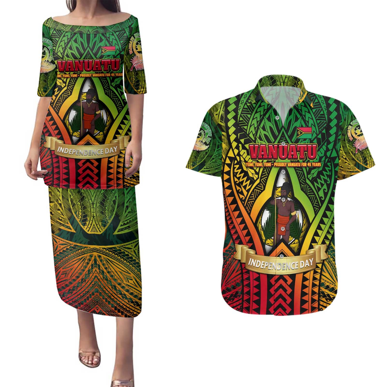 Vanuatu 45th Independence Anniversary Couples Matching Puletasi and Hawaiian Shirt Embracing Our Traditions Shaping Our Future DT02 Art - Polynesian Pride