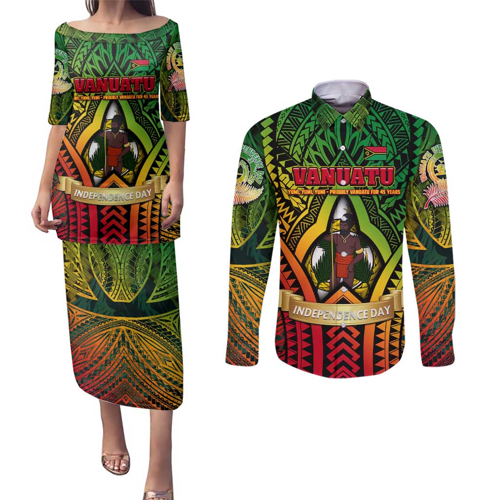Vanuatu 45th Independence Anniversary Couples Matching Puletasi and Long Sleeve Button Shirt Embracing Our Traditions Shaping Our Future DT02 Art - Polynesian Pride