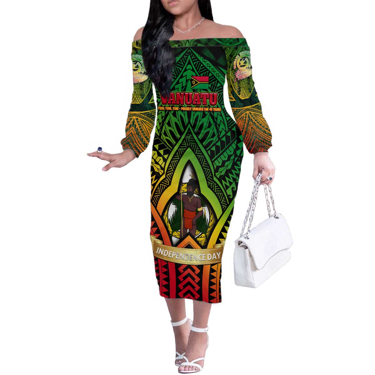 Vanuatu 45th Independence Anniversary Family Matching Off The Shoulder Long Sleeve Dress and Hawaiian Shirt Embracing Our Traditions Shaping Our Future
