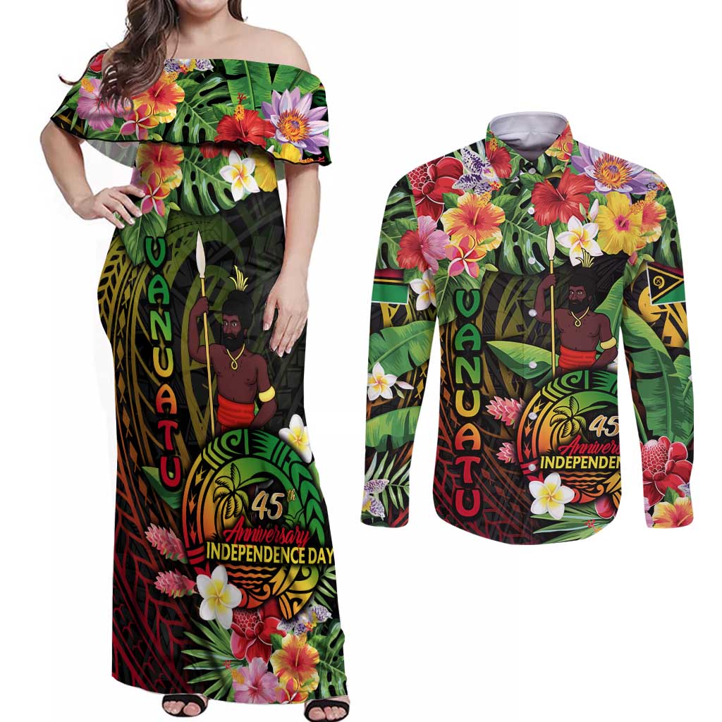 45th Anniversary of Freedom Vanuatu Couples Matching Off Shoulder Maxi Dress and Long Sleeve Button Shirt Island Pride Cultural Power Pacific Unity