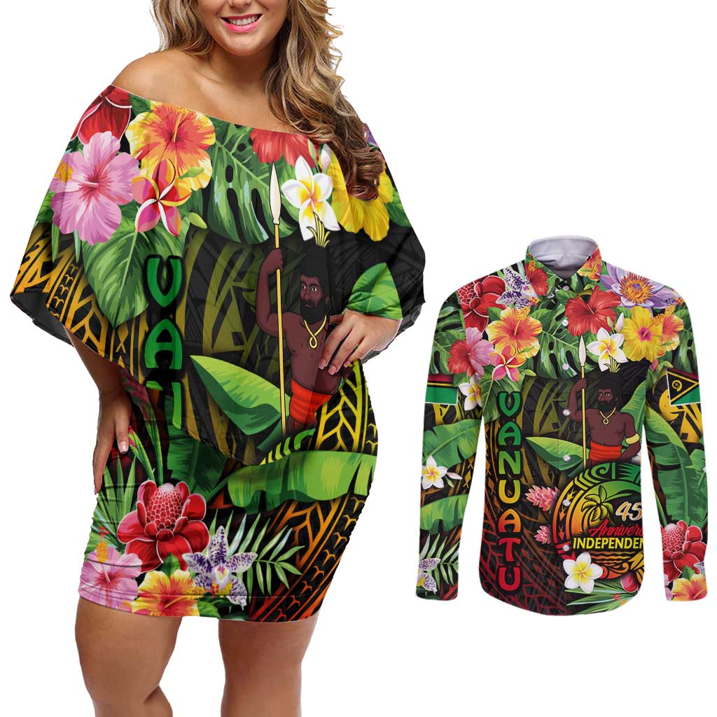 45th Anniversary of Freedom Vanuatu Couples Matching Off Shoulder Short Dress and Long Sleeve Button Shirt Island Pride Cultural Power Pacific Unity