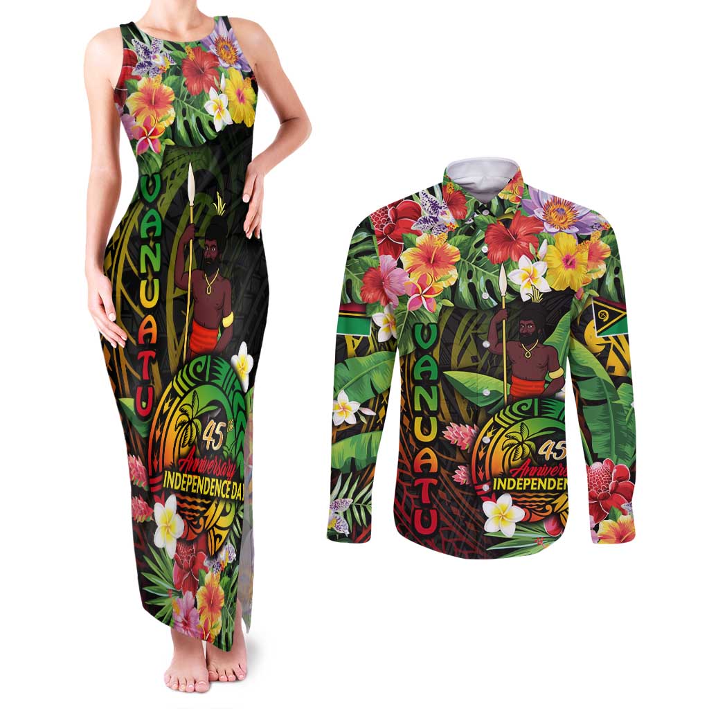 45th Anniversary of Freedom Vanuatu Couples Matching Tank Maxi Dress and Long Sleeve Button Shirt Island Pride Cultural Power Pacific Unity