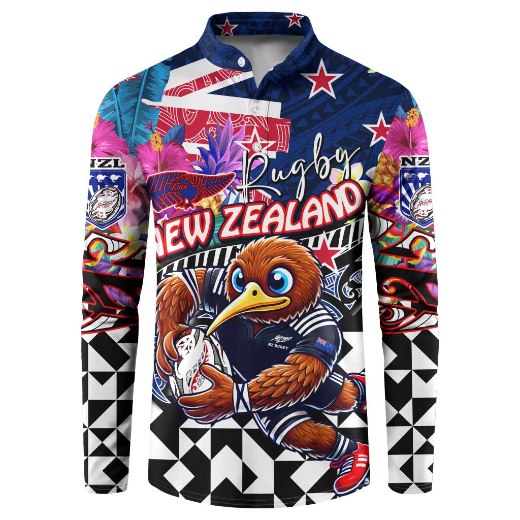 Personalized Kiwi New Zealand Rugby Button Sweatshirt Kiwis Mascot Tropical Pattern