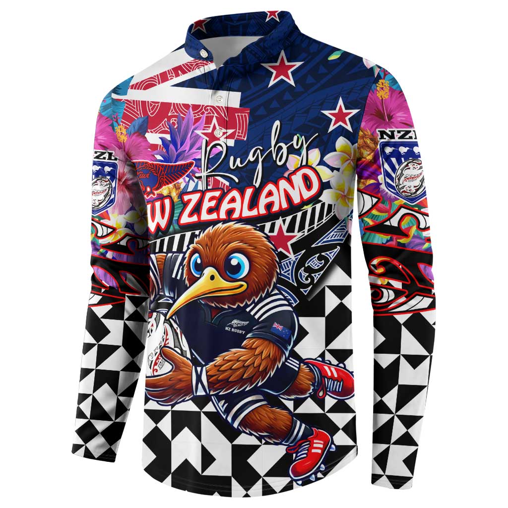 Personalized Kiwi New Zealand Rugby Button Sweatshirt Kiwis Mascot Tropical Pattern