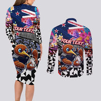 Personalized Kiwi New Zealand Rugby Couples Matching Long Sleeve Bodycon Dress and Long Sleeve Button Shirt Kiwis Mascot Tropical Pattern