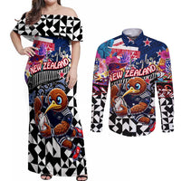 Personalized Kiwi New Zealand Rugby Couples Matching Off Shoulder Maxi Dress and Long Sleeve Button Shirt Kiwis Mascot Tropical Pattern