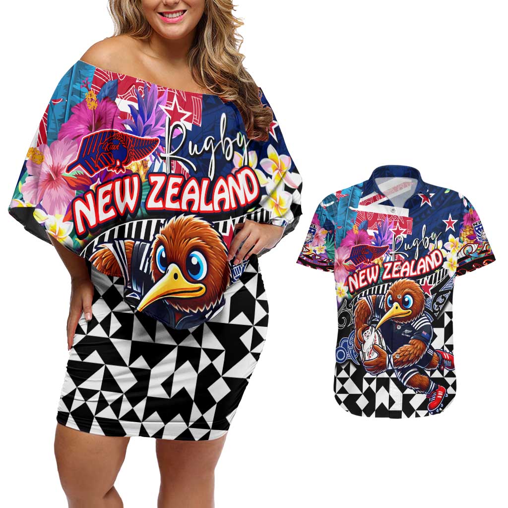 Personalized Kiwi New Zealand Rugby Couples Matching Off Shoulder Short Dress and Hawaiian Shirt Kiwis Mascot Tropical Pattern