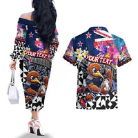 Personalized Kiwi New Zealand Rugby Couples Matching Off The Shoulder Long Sleeve Dress and Hawaiian Shirt Kiwis Mascot Tropical Pattern