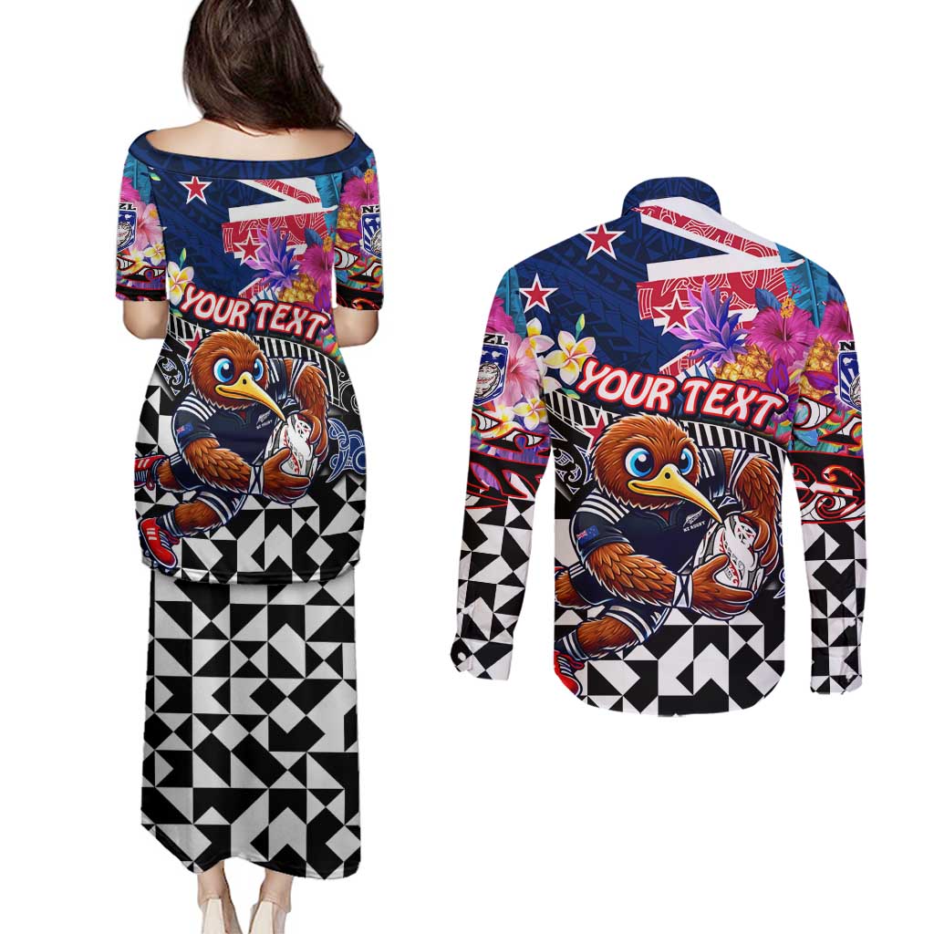Personalized Kiwi New Zealand Rugby Couples Matching Puletasi and Long Sleeve Button Shirt Kiwis Mascot Tropical Pattern