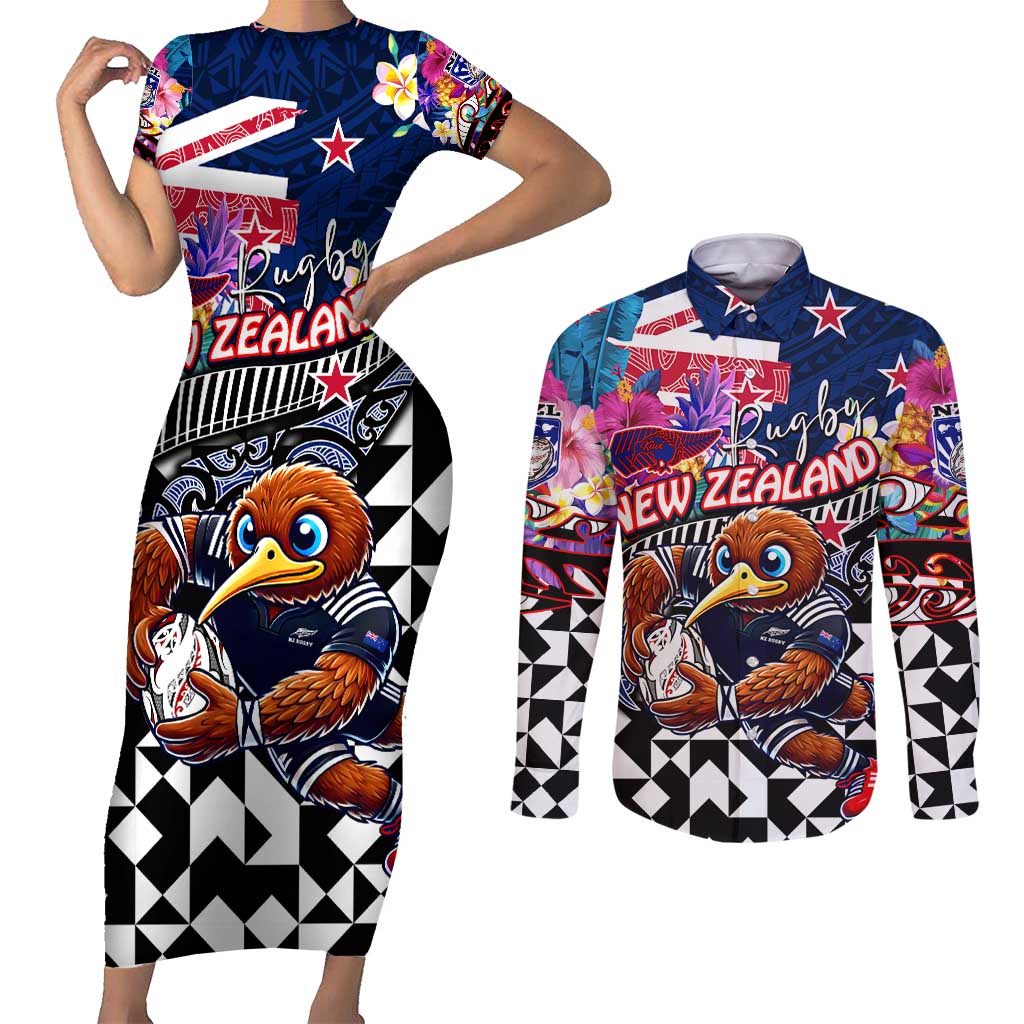 Personalized Kiwi New Zealand Rugby Couples Matching Short Sleeve Bodycon Dress and Long Sleeve Button Shirt Kiwis Mascot Tropical Pattern