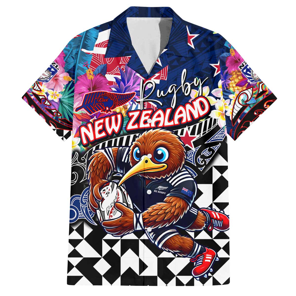 Personalized Kiwi New Zealand Rugby Family Matching Off The Shoulder Long Sleeve Dress and Hawaiian Shirt Kiwis Mascot Tropical Pattern
