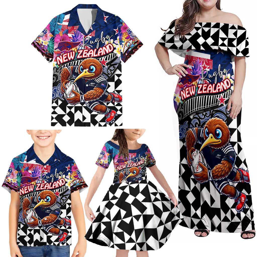 Personalized Kiwi New Zealand Rugby Family Matching Off Shoulder Maxi Dress and Hawaiian Shirt Kiwis Mascot Tropical Pattern