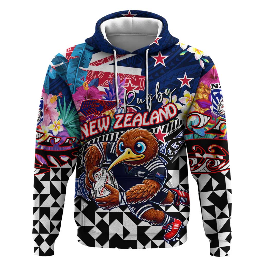 Personalized Kiwi New Zealand Rugby Hoodie Kiwis Mascot Tropical Pattern