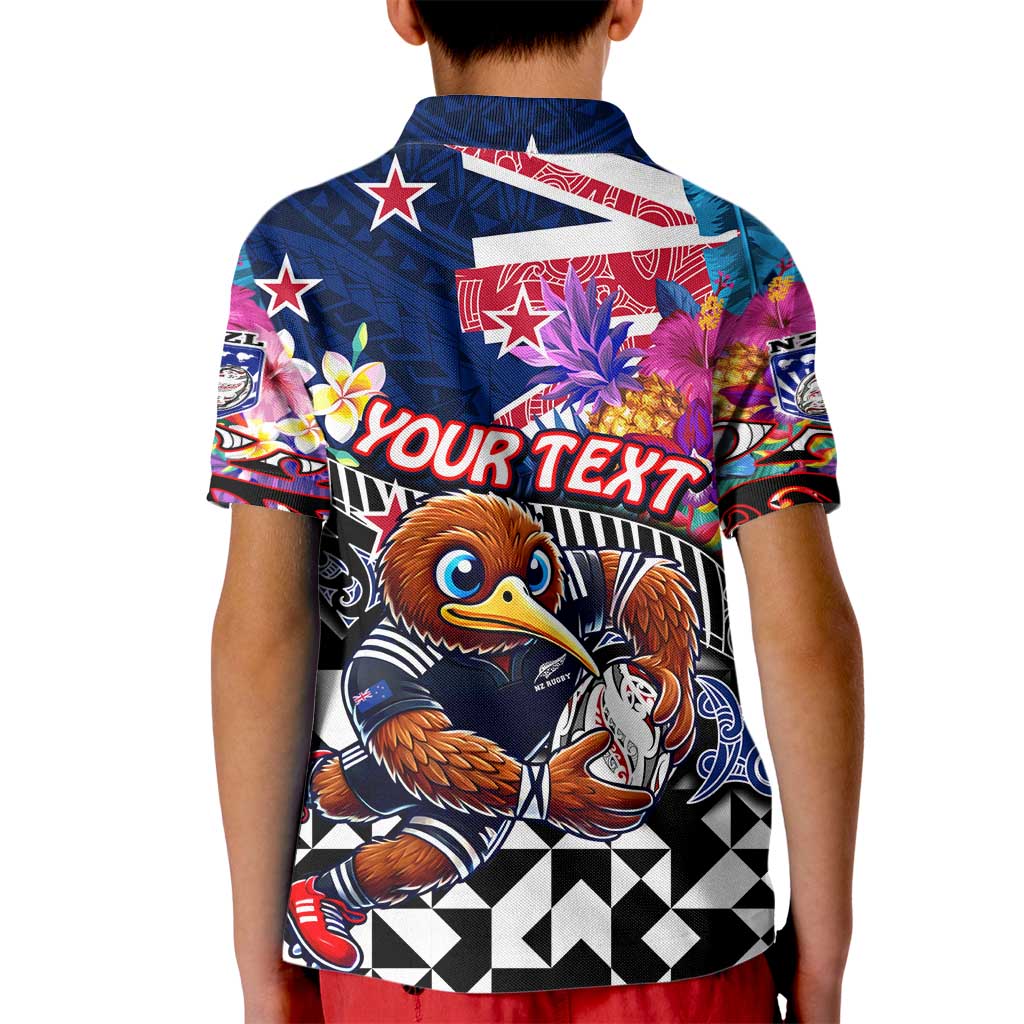 Personalized Kiwi New Zealand Rugby Kid Polo Shirt Kiwis Mascot Tropical Pattern