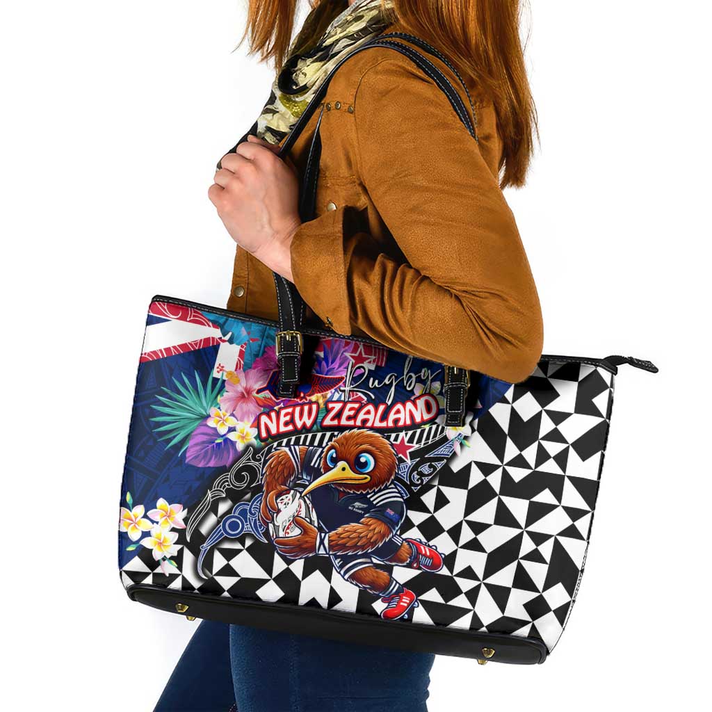 Kiwi New Zealand Rugby Leather Tote Bag Kiwis Mascot Tropical Pattern