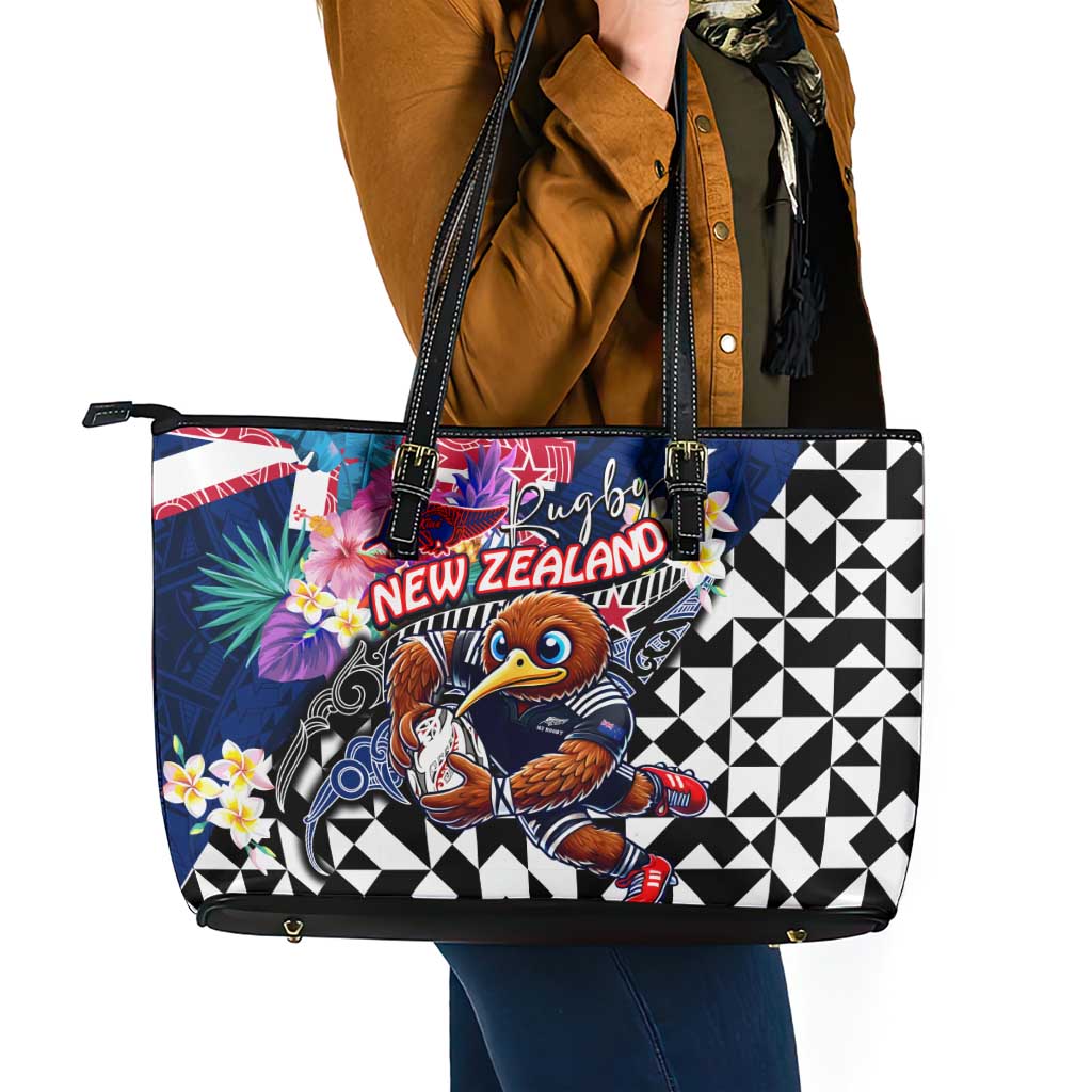 Kiwi New Zealand Rugby Leather Tote Bag Kiwis Mascot Tropical Pattern