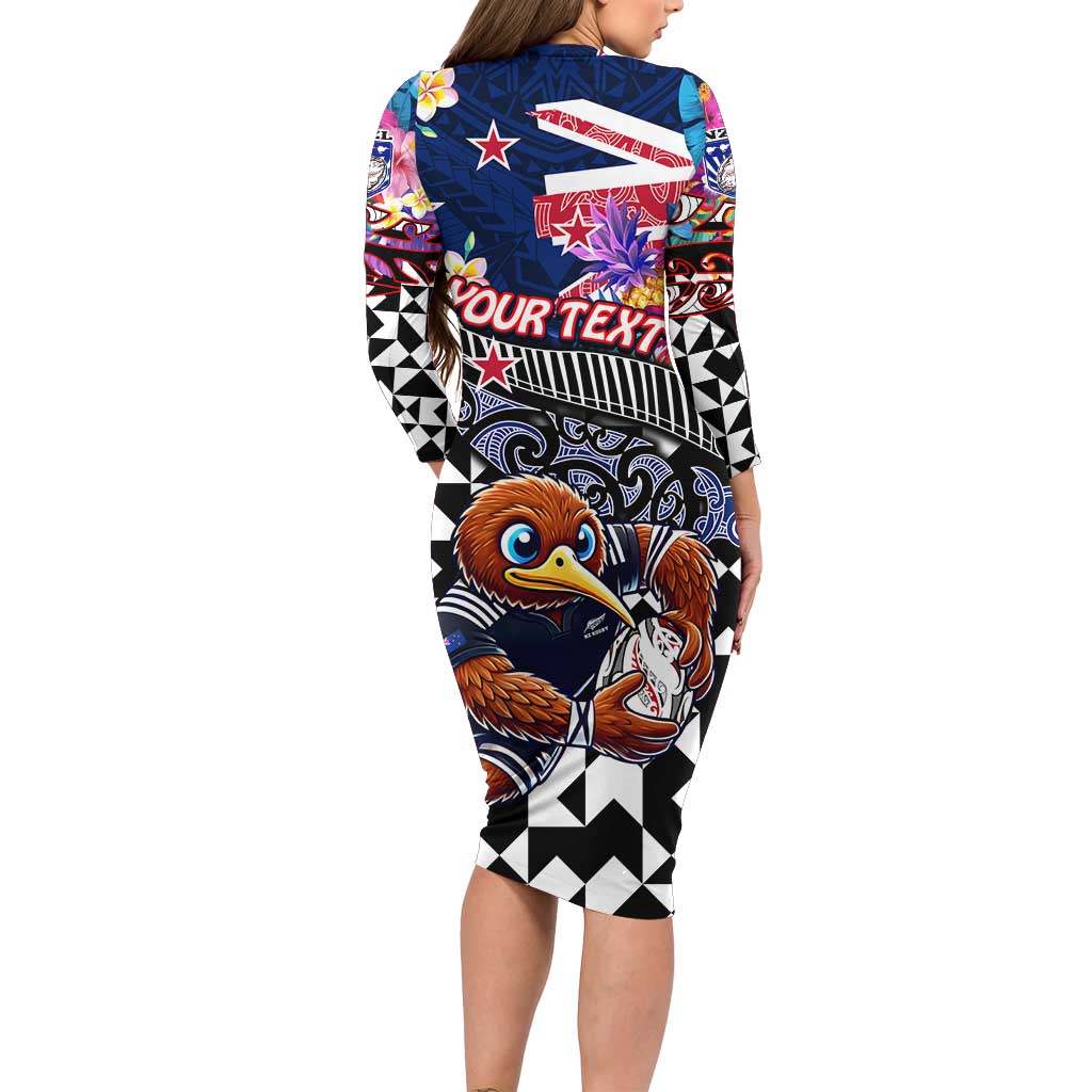 Personalized Kiwi New Zealand Rugby Long Sleeve Bodycon Dress Kiwis Mascot Tropical Pattern