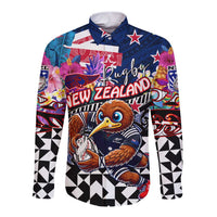 Personalized Kiwi New Zealand Rugby Long Sleeve Button Shirt Kiwis Mascot Tropical Pattern