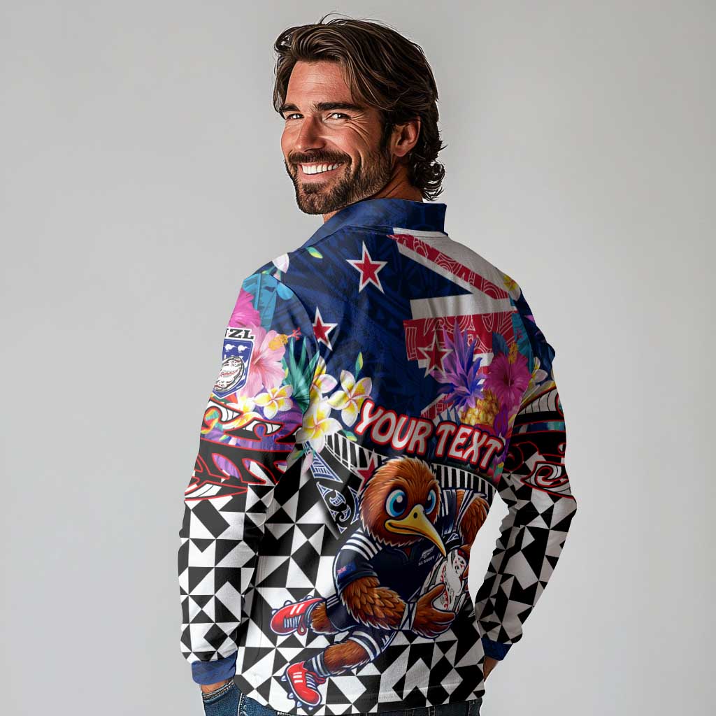 Personalized Kiwi New Zealand Rugby Long Sleeve Polo Shirt Kiwis Mascot Tropical Pattern