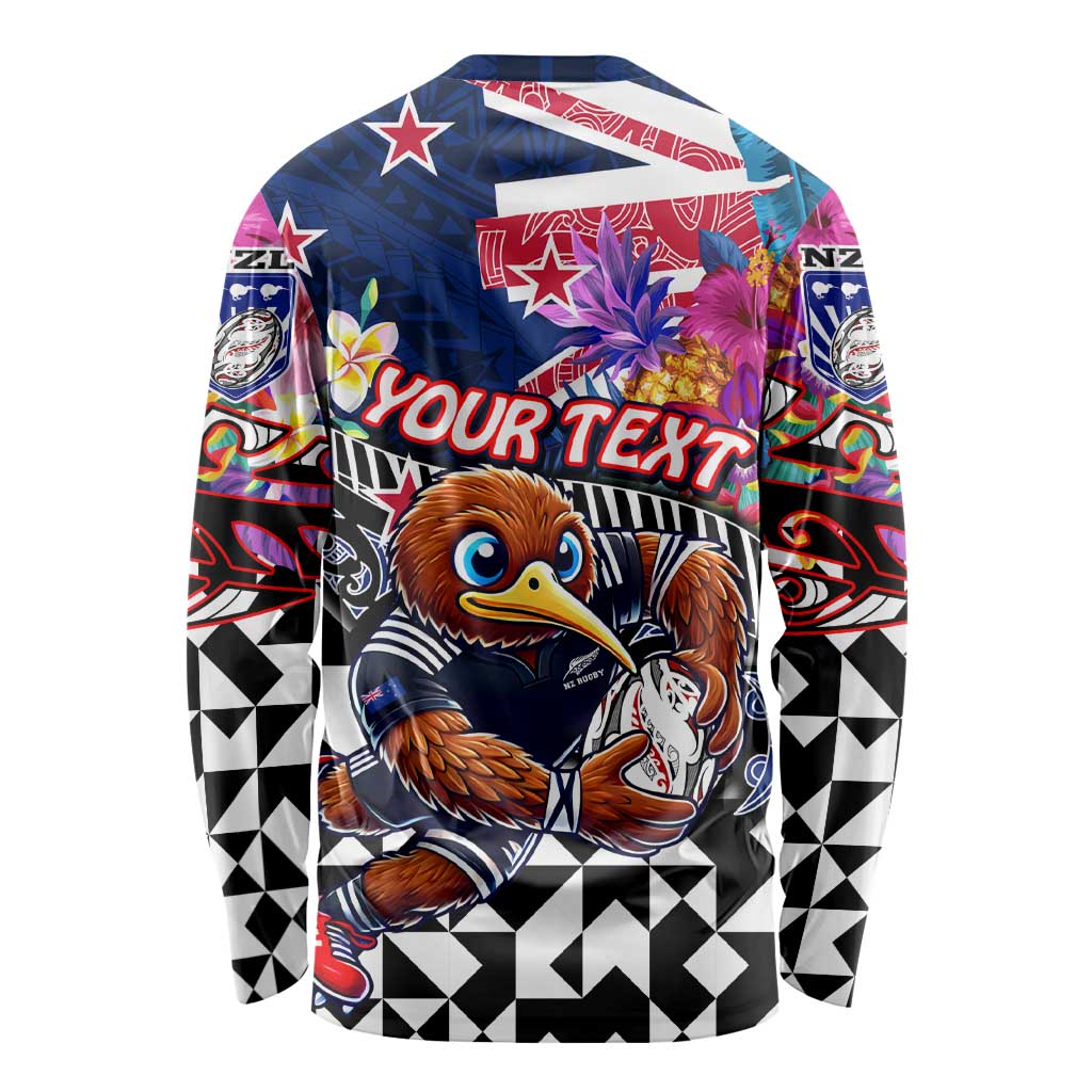 Personalized Kiwi New Zealand Rugby Long Sleeve Shirt Kiwis Mascot Tropical Pattern
